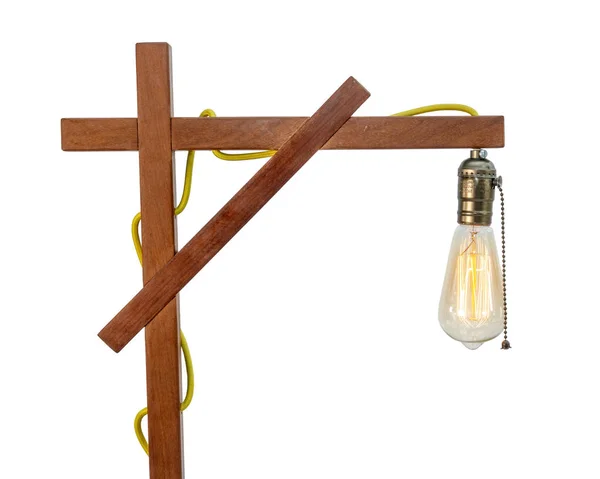 Tischlampe Aus Rustikalem Holz Mit Kleinem Weißen Lampenschirm Isoliert Auf — Stockfoto