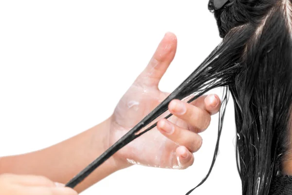 Hairdresser Hair Treatment Applying Color Cream Hair — Stock Photo, Image