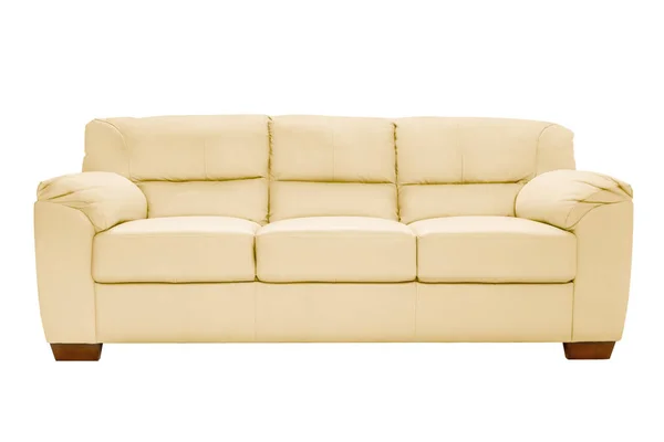 Tre Sæder Hyggeligt Læder Sofa Isoleret Hvid Baggrund - Stock-foto