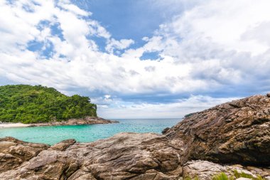 Paraty yakınlarındaki Trindade 'de bulutlu bir günde sahil, deniz ve orman manzarası. Brezilya' nın güneybatısındaki Rio de Janeiro Eyaleti kıyılarında tamamen korunmuş muhteşem ve tarihi bir kasaba..