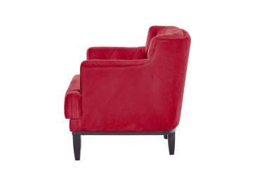Çok güzel mavi bir koltuk. Beyaz arka planda modern tasarımcı koltuğu. Tekstil sandalyesi.
