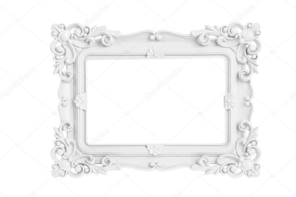 Modern plastic bright color picture frame with antique styling isolated on white background.