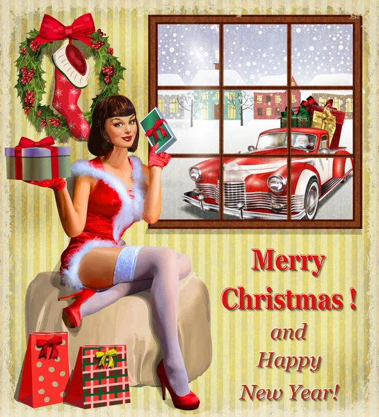Elinde hediye kutusu olan Noel afişi kızı. Eski bir kartpostal..