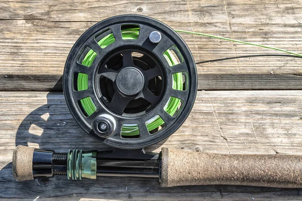 Fishing Rods Reels Fly Fishing Wooden Stand — Stock Photo, Image