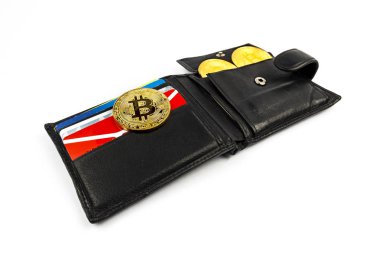 çanta, beyaz arka plan üzerinde Bitcoin yalan izole