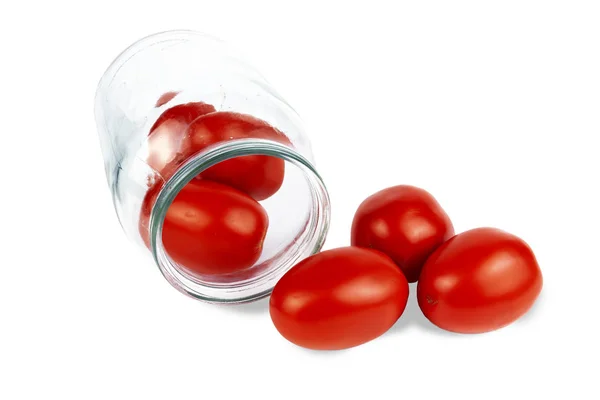 Tomates Vermelhos Jarro Vidro Preservação Fundo Branco — Fotografia de Stock