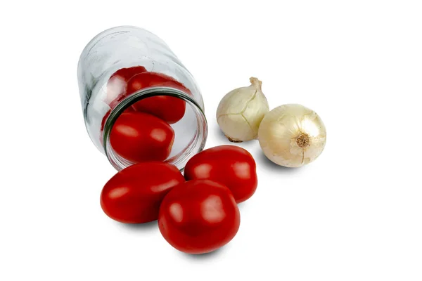 Tomatoes Lie Glass Jar Next Jar Onions Garlic — Stock Photo, Image