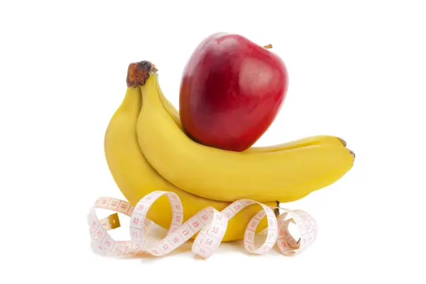 Red Apple Lies Bananas Measuring Tape White Background Isolate — Stock Photo, Image