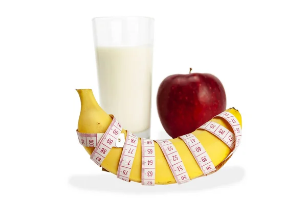 Yellow Bananas Glass Milk Red Apple White Background Isolate — Stock Photo, Image