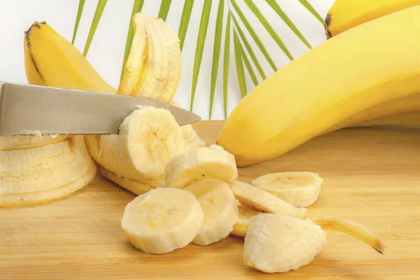 Knife Cuts Banana Background Fern Bush Bananas — Stock Photo, Image