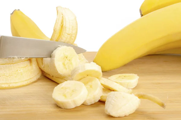 Knife Cuts Banana Wooden Cutting Board All White Background — Stock Photo, Image