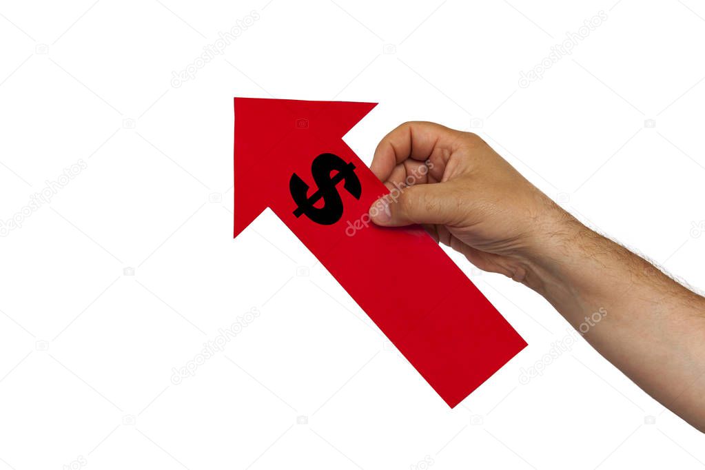 A hand is holding a red arrow that appears upwards. The arrow has a dollar sign
