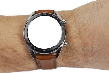 Akıllı izle yandan, beyaz bir arka plan yakın çekim. Arama plaka ve izole arka plan ile izole.