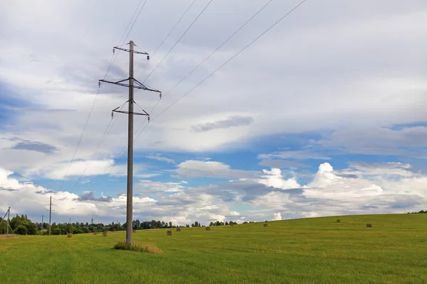 Alanında yüksek gerilim kabloları orman ve gökyüzü arka planı ile bir Kutbu var