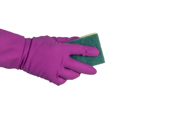 Guante de mano sosteniendo una esponja sobre un fondo blanco, aislar . —  Fotos de Stock