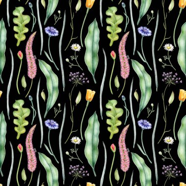 Çiçek ve koyu arka plan üzerinde otlar ile Seamless modeli. El suluboya resim çekilmiş.