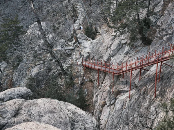 Ponte Metallo Con Gradini Collegati Una Roccia Parco Nazionale Seoraksan — Foto Stock