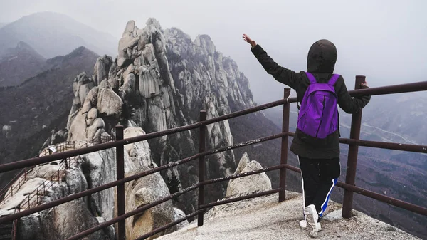 Flicka Som Står Skylt Vackra Bergen Seoraksan National Park Sydkorea — Stockfoto