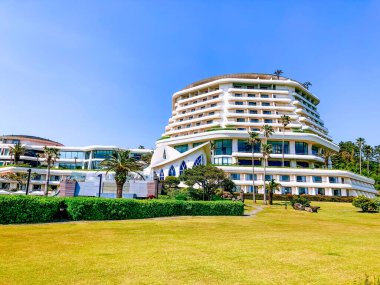 Jeju Adası, Güney Kore 'de palmiye ağaçları olan güzel bir bina.
