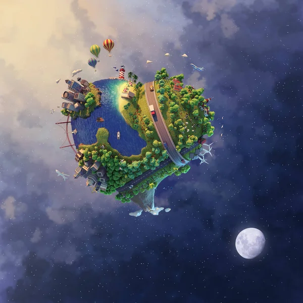 Heart shaped world floating in space illuminated from the sun and moon, 3d illustration