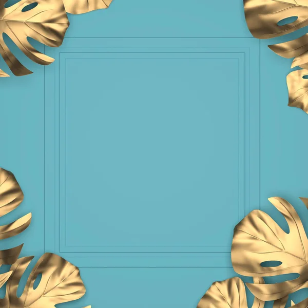 Maquete Moldura Parede Azul Com Folhas Tropicais Douradas Nas Bordas Fotografias De Stock Royalty-Free