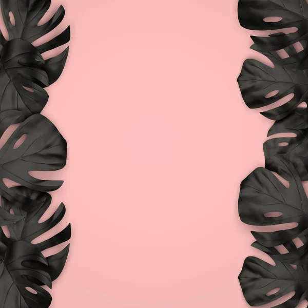 Czarne Liście Tropikalne Tworzące Krawędzie Bokach Różowego Tła Makieta Kompozycji Obraz Stockowy