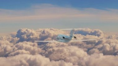 Gün batımında beyaz bulutların üzerinde uçan özel jetin havadan görünüşü, 3D