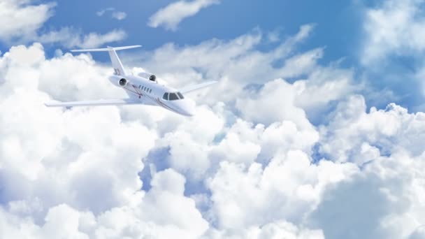 Vista aérea de charter jet privado volando por encima de las nubes blancas en un día soleado claro, cámara de la cámara delante del avión, 3d render — Vídeos de Stock