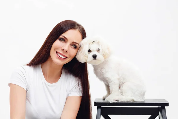 Menina morena bonita com cabelos longos senta-se ao lado do cachorro maltês branco e sorrindo com os dentes — Fotografia de Stock