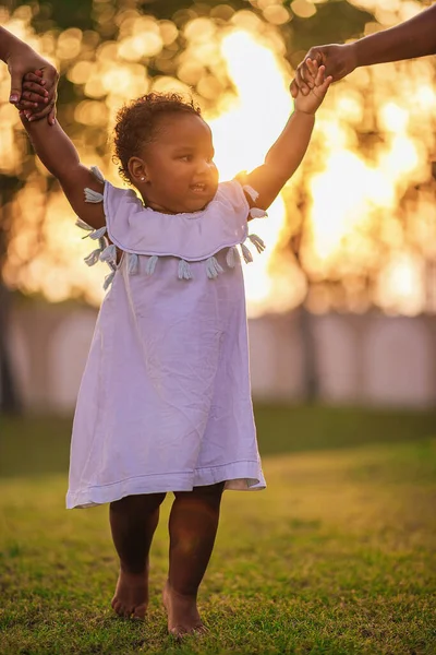Позитивная маленькая полуторагодовалая афроамериканка ходит по газону и делает шаги, держась за руки своих родителей — стоковое фото
