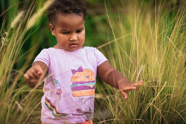 Retrato de doce menina afro-americana vestindo bonito roupa colorida e caminha na grama ao ar livre Imagem De Stock