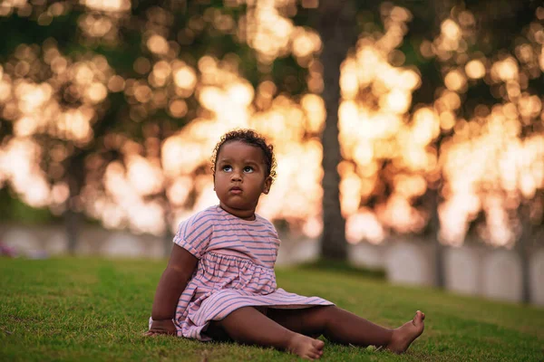 Doce menina afro-americana vestindo bonito vestido rosa e senta-se na grama ao ar livre Fotografias De Stock Royalty-Free