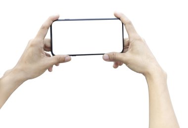 kadınlar bir fotoğraf çekmek için boş ekran ile yatay akıllı telefon tutarak. beyaz arka plan üzerinde izole. Kırpma yolu ile kaydet