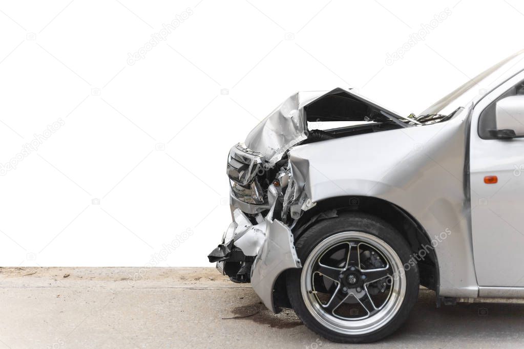 Front of light gray color car have big damaged and broken by accident on road can not drive any more park for wait insurance officer. Isolate on white background. Save with clipping path
