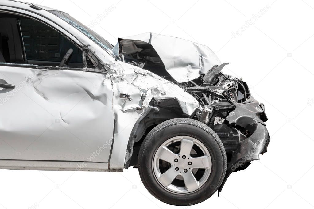 Front of white color car damaged and broken by accident on road parking can not drive any more. Isolated on white bakcground. Save with clipping path