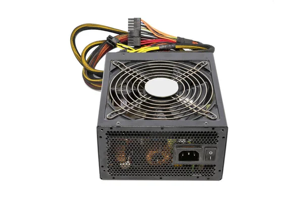 Unidade da fonte de alimentação 850W com cabo e interruptor I O, cor preta para o PC completo da caixa da torre do ATX tem o ventilador grande para fresco ioslated no fundo branco — Fotografia de Stock