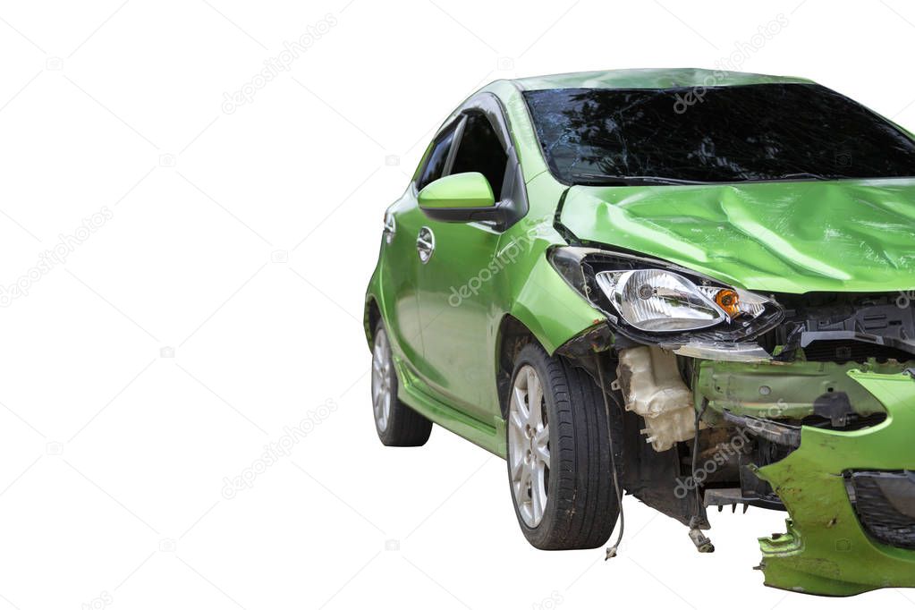 Front of green color car damaged and broken by accident isolate on white background. Save with cliping path.