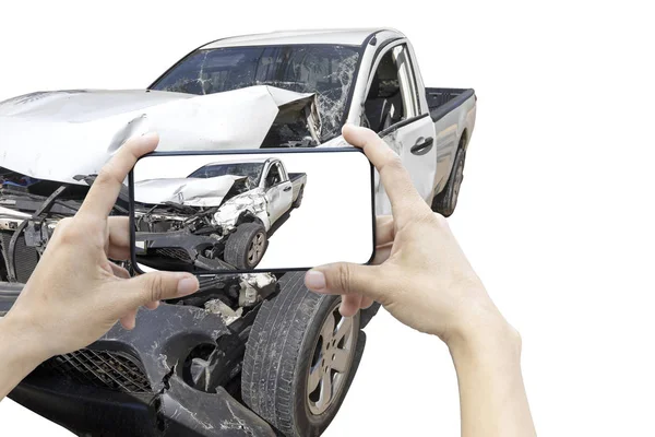 2 hand of woman hold smartphone for take photo of front white color car accident. Save with cliping path