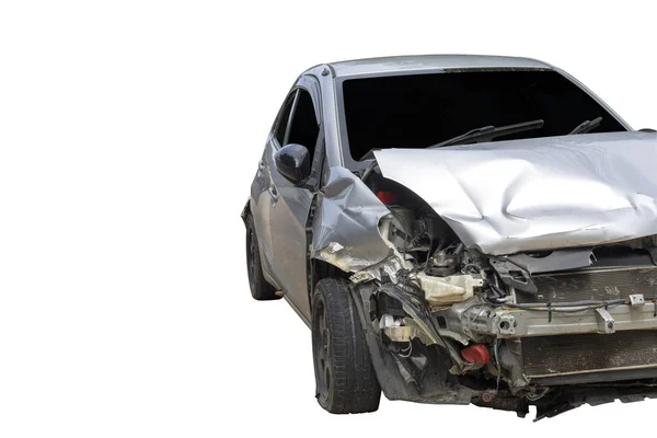 Front of gray color car damaged and broken by accident . Isolate on white background. Save with cliping path — Stock Photo, Image