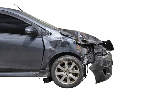Siyah renkli araba ön hasarlı ve kaza ile kırık beyaz arka plan üzerinde izole. Kliple yol ile kaydet.