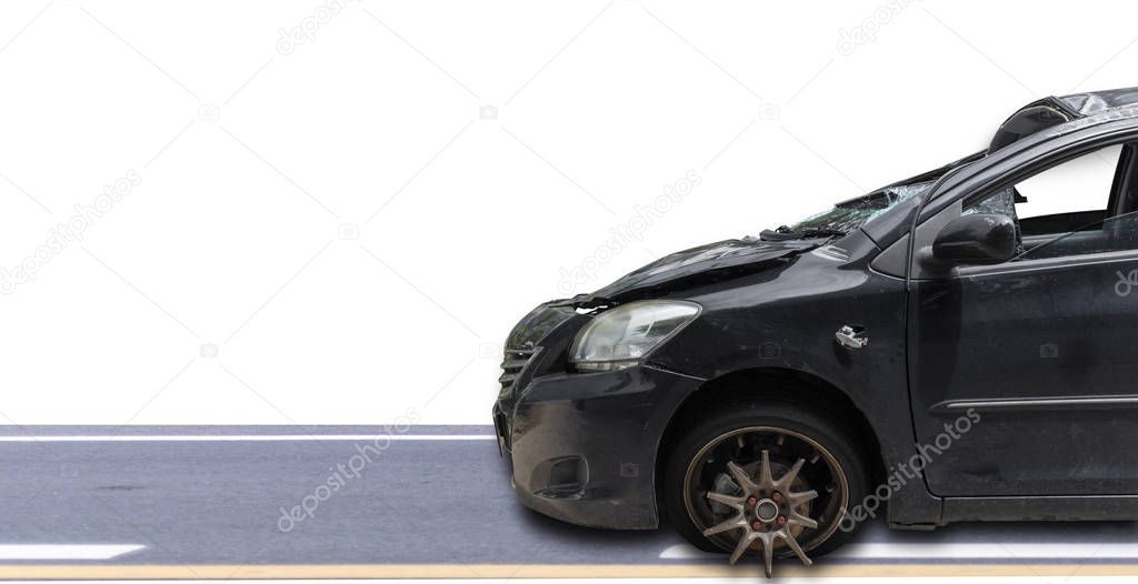 Front of dark gray color car damaged and broken by accident isolate on white background. Save with cliping path. Car crash