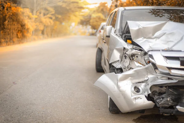 Autumn road front of light gray color car with pick up have big damaged and broken by accident on road in morning time can not drive any more park for wait insurance officer. Save with clipping path — Stock Photo, Image