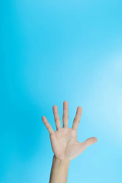 Woman Hand Show Finger Sign Light Blue Background Number Five — Stock Photo, Image