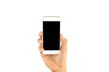 Akıllı telefonu beyaz arka planda tutan adam. Cep telefonu insan elinin üzerinde. Bankanın dokunmatik ekranlı cep telefonu