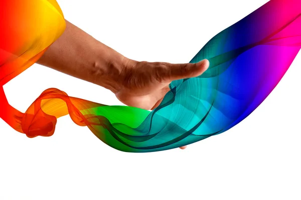 Lgbtの概念 白い背景に隔離された虹色を吹いて手の男のタッチファブリック Lgbtの活動 コミュニティと自由 レズビアン バイセクシャル トランスジェンダーのコピースペース — ストック写真