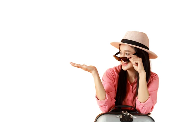Asian Women Long Hair Wear Hat Sunglasses Travel Bag Open — Stock Photo, Image