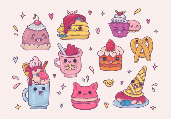 Conjunto de kawaii postre iconos vector de dibujos animados — Archivo Imágenes Vectoriales