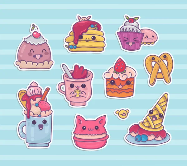 Set of kawaii dessert cartoon vector icons — Stock Vector