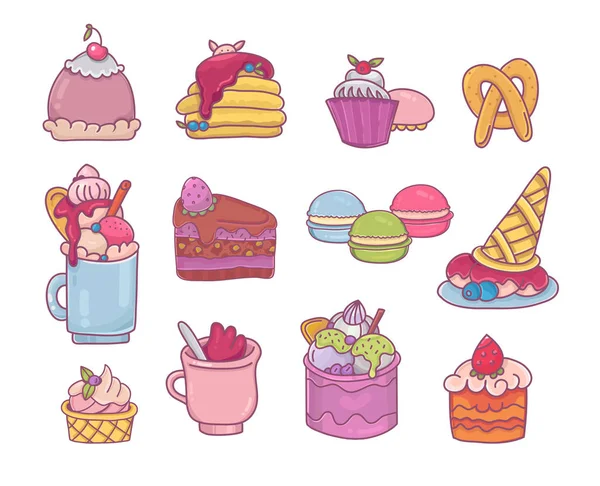 Ensemble de desserts colorés. Milkshake, crêpes, macarons et glaces — Image vectorielle