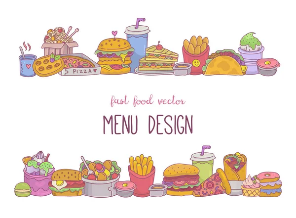 Fast-Food-Rahmen mit Pommes, Burger, Pizza, Kebab, Sandwiches, Street-Food-Ikonen Set. — Stockvektor